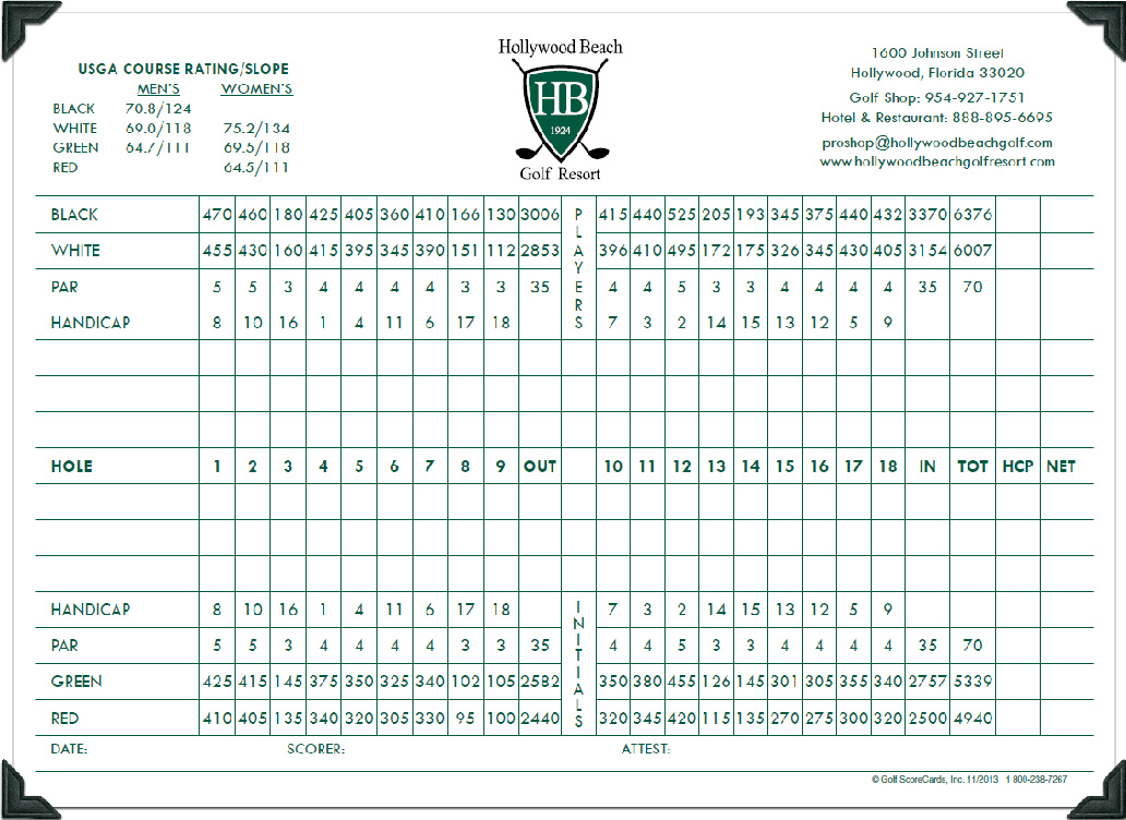 golf hollywood resort beach scorecard